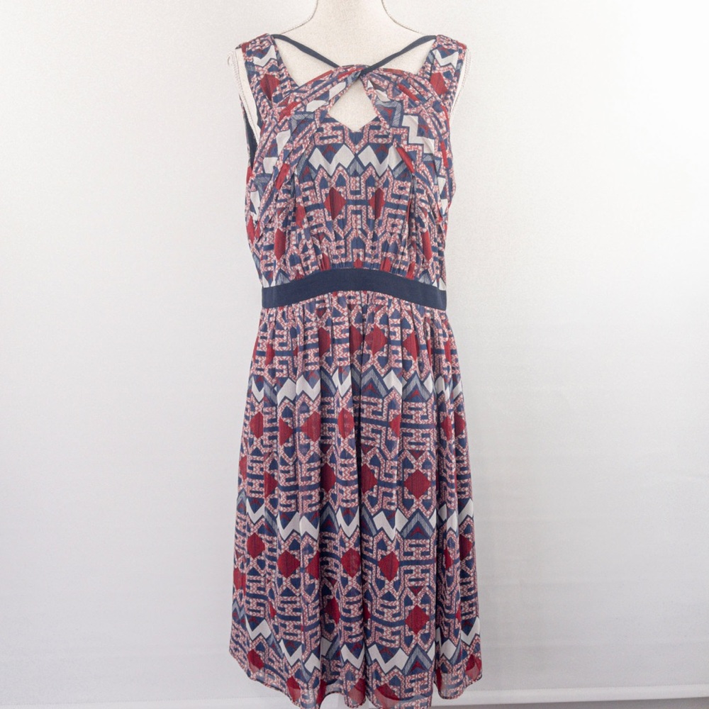 Adrianna Papell Sleeveless Dress Geometric Print Fitted Waist Flowey Size 14